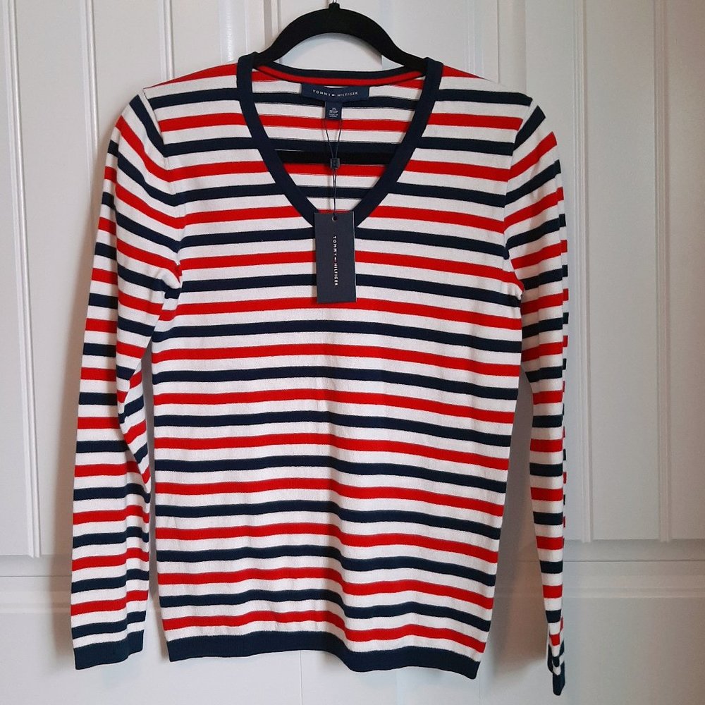 Tommy Hilfiger NWT Striped Navy Red White V Neck Sweater SZ XS